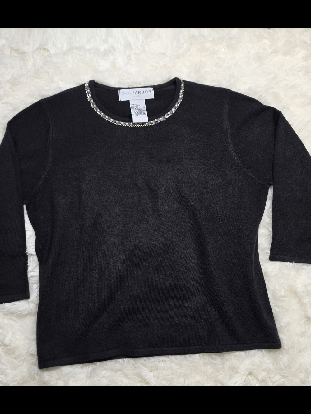 Sag Harbor Black Knit Top with Pearl and Crystal Trim Womens Petite Large
